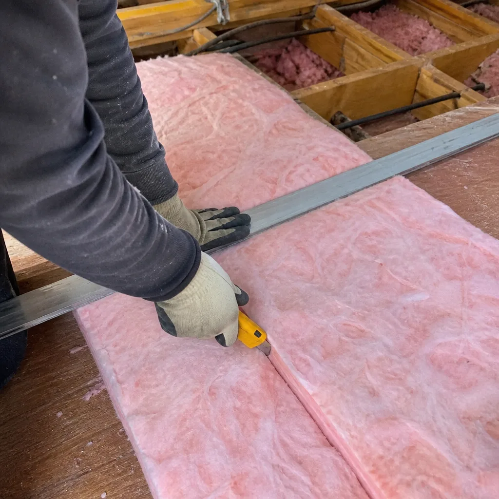 Professional contractor cutting pink fiberglass attic insulation batts for installation
