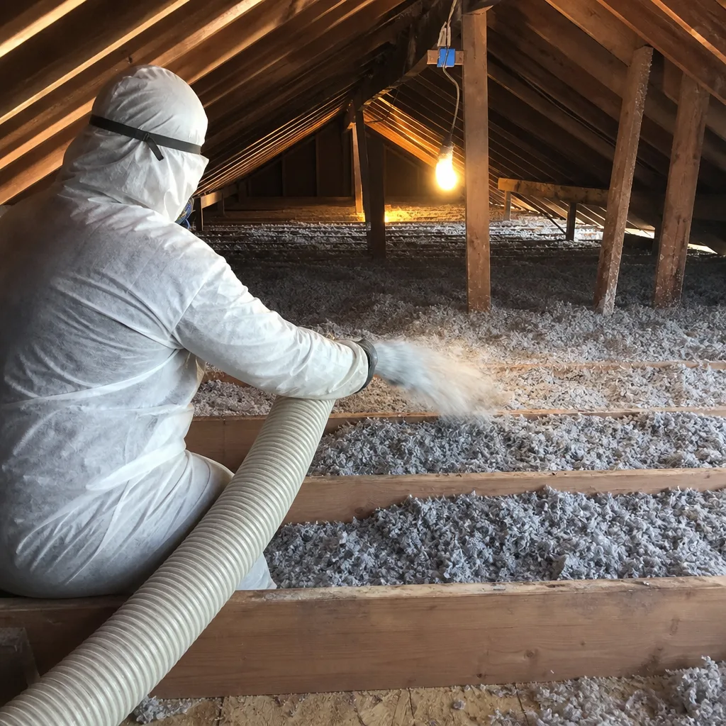 Technician installing blown-in attic insulation in a residential home
