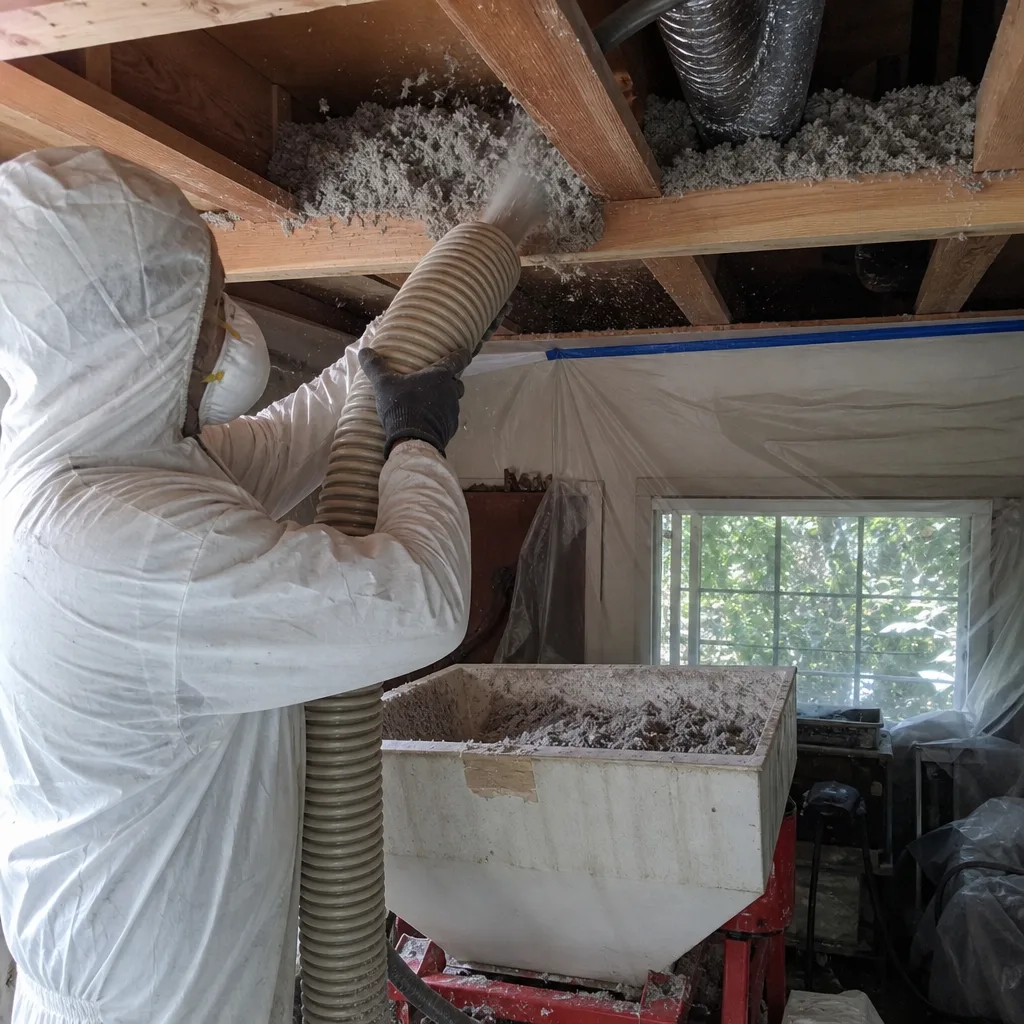 Contractor installing blown-in cellulose insulation into open ceiling joists