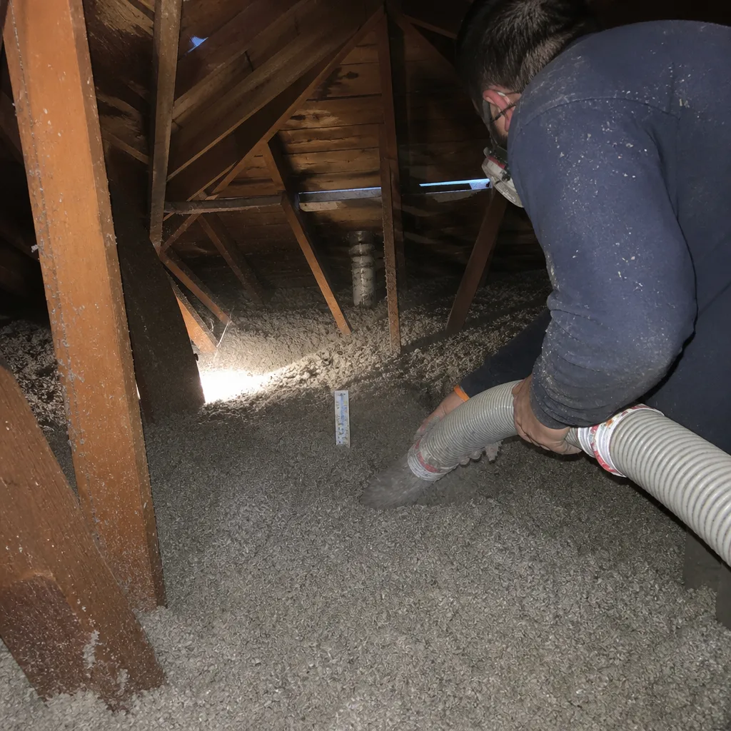 Technician installing blown-in cellulose insulation in an attic