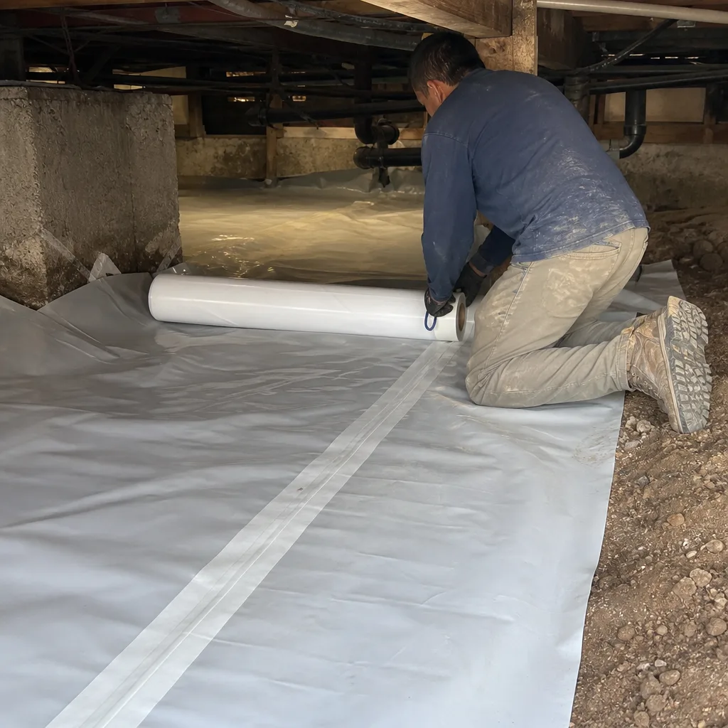 Technician installing professional crawl space encapsulation and vapor barrier system