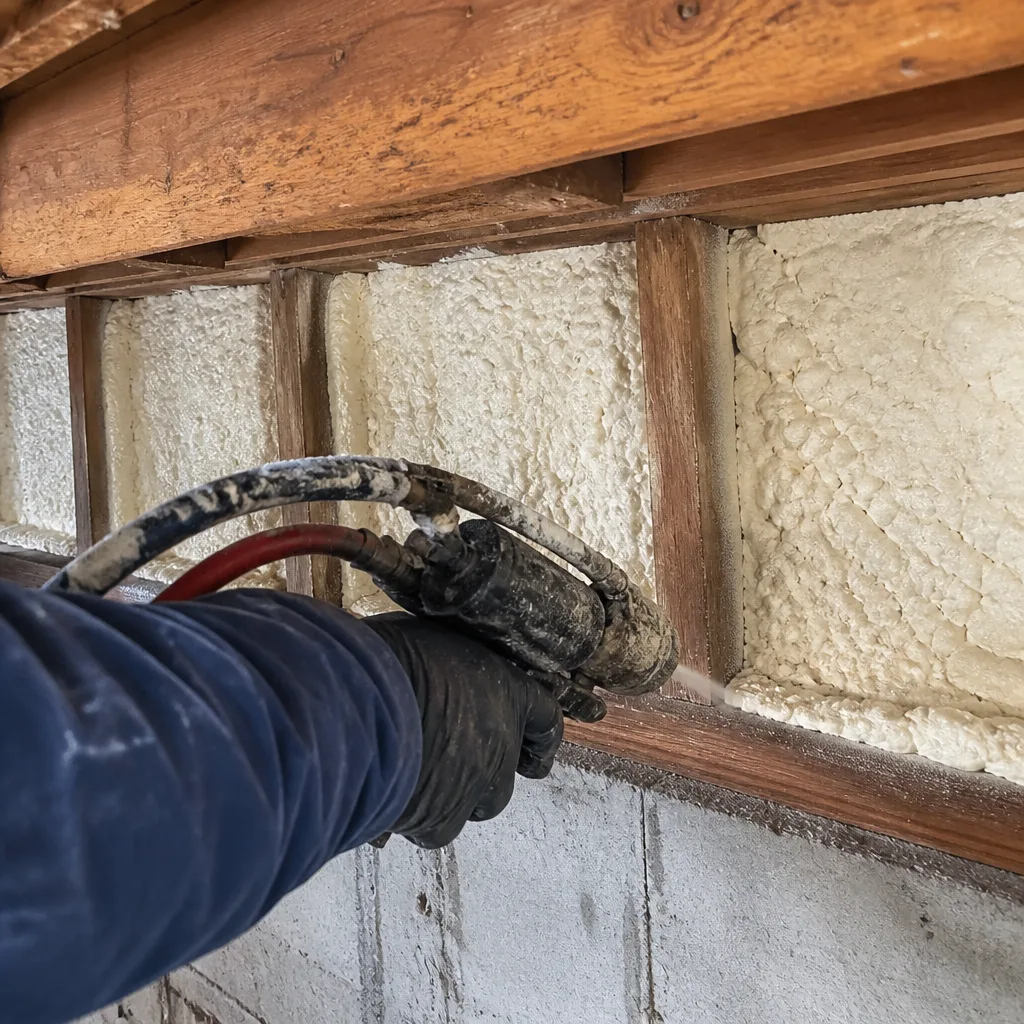 Contractor applying professional spray foam insulation to rim joists